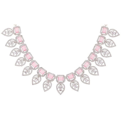 Jewellery Set Leaf Style AD/ Rose Gold Plated Handcrafted Circle Necklace Set for Women & Girls (Pink White) - Rajputtrade