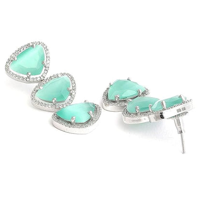 Silver Toned Triangular Shaped American Diamond Studded Jewellery Set For Women and Girl (Sea Green) - Rajputtrade