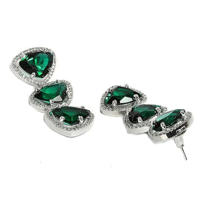 Silver Toned Triangular Shaped American Diamond Studded Jewellery Set For Women and Girl (Green) - Rajputtrade