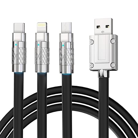 3 in 1 Fast Charging Data Cable, 120W Portable Charger Cord with USB Type-C, Light-ning & Micro-USB Port, iPhone, iPad, SmartPhone (Black)