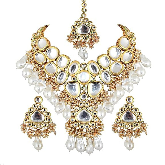 Jewellery Meenakari 18K Gold plated White color pentagon shape Uncut Kundan Combo Necklace Set (White) - Rajputtrade