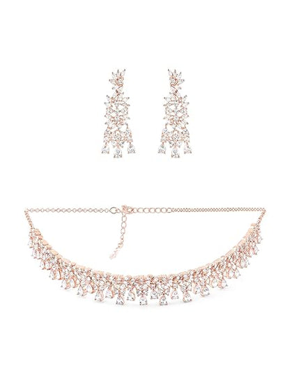 Rose Gold Dazzling Cubic Zirconia Contemporary Necklace and Earring Set For Women - Rajputtrade