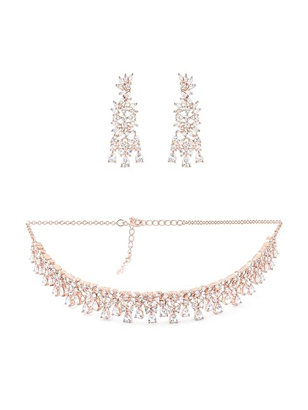 Rose Gold Dazzling Cubic Zirconia Contemporary Necklace and Earring Set For Women - Rajputtrade