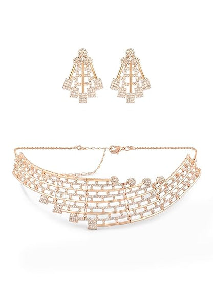 Rose Gold Dazzling Cubic Zirconia Bling Choker Necklace and Earring Set For Women - Rajputtrade