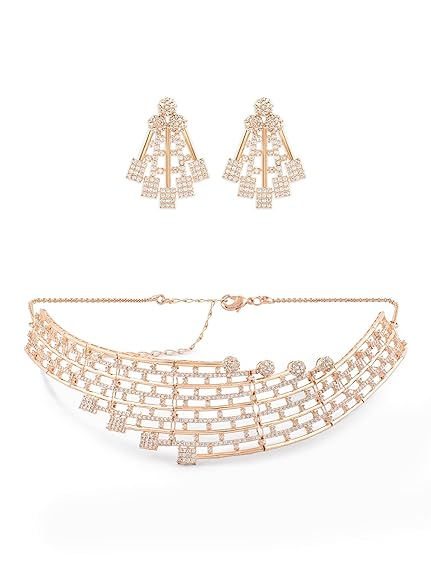 Rose Gold Dazzling Cubic Zirconia Bling Choker Necklace and Earring Set For Women - Rajputtrade
