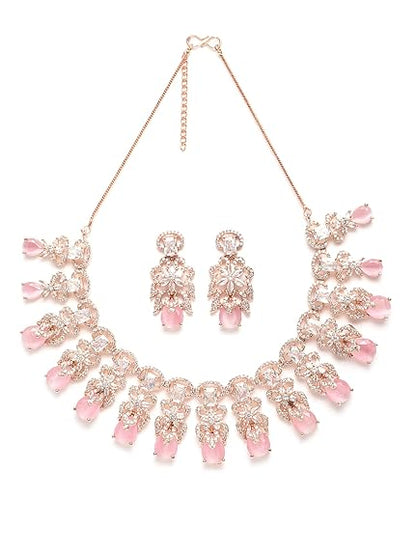 Pink American Diamond Studed Choker Necklace Set (Pink) - Rajputtrade