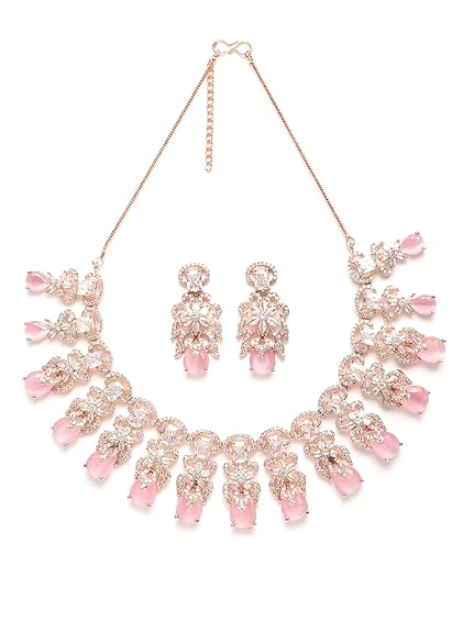 Pink American Diamond Studed Choker Necklace Set (Pink) - Rajputtrade