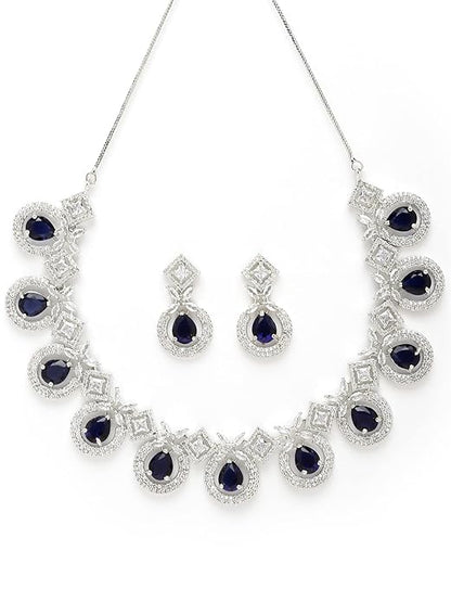Silver Tone Blue American Diamond Studded Necklace Set for Women (Blue) - Rajputtrade