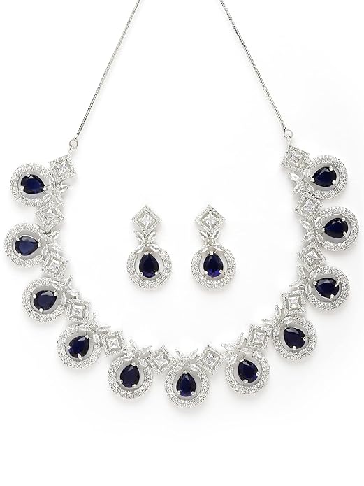 Silver Tone Blue American Diamond Studded Necklace Set for Women (Blue) - Rajputtrade