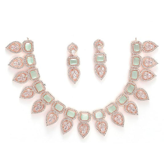 Jewellery Set Leaf Style AD/ Rose Gold Plated Handcrafted Circle Necklace Set for Women & Girls - Rajputtrade