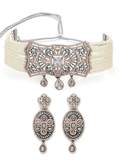 Light Green Crystal Beaded American Diamond Choker Necklace Set For Women - Rajputtrade