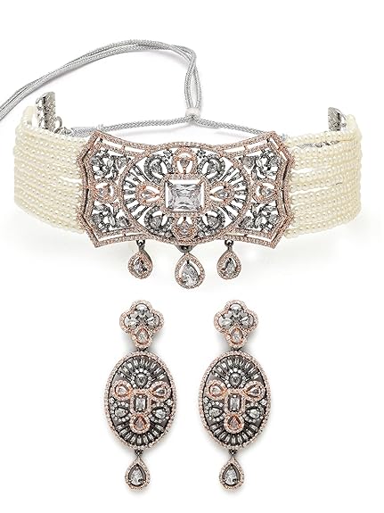 Light Green Crystal Beaded American Diamond Choker Necklace Set For Women - Rajputtrade