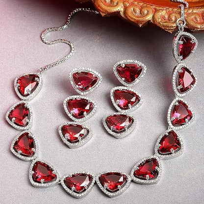 Silver Toned Triangular Shaped American Diamond Studded Jewellery Set For Women and Girl (Red) - Rajputtrade