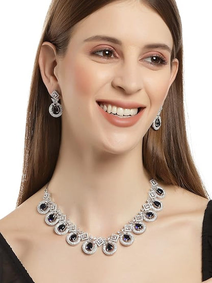 Silver Tone Blue American Diamond Studded Necklace Set for Women (Blue) - Rajputtrade