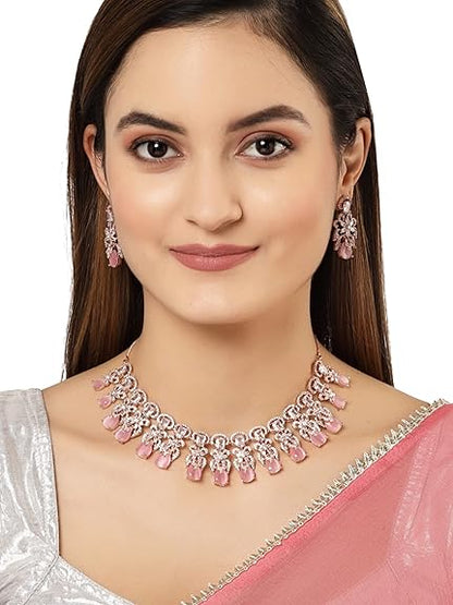 Pink American Diamond Studed Choker Necklace Set (Pink) - Rajputtrade