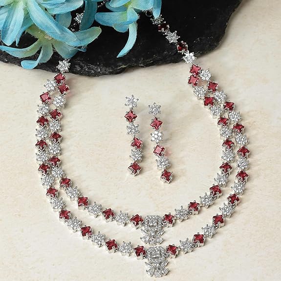 Necklace With Earrings Jewellery Set For Girls and Women (Red) - Rajputtrade