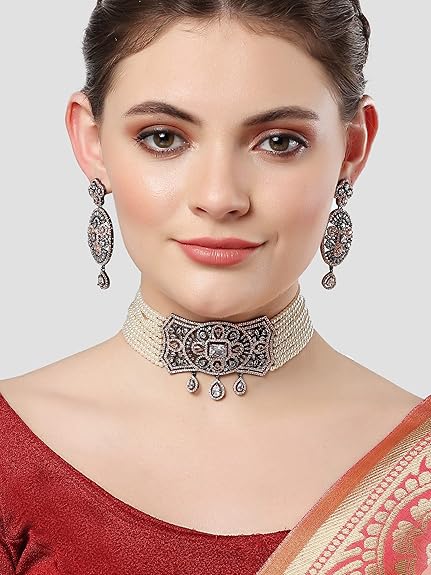 Light Green Crystal Beaded American Diamond Choker Necklace Set For Women - Rajputtrade