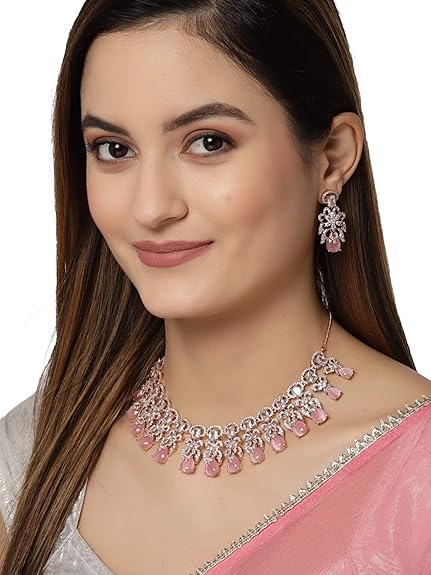 Pink American Diamond Studed Choker Necklace Set (Pink) - Rajputtrade