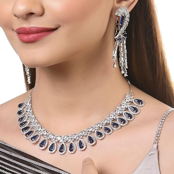 Plated Silver Toned White, Necklace With Earring Jewellery Set For Woment and Girl - Rajputtrade