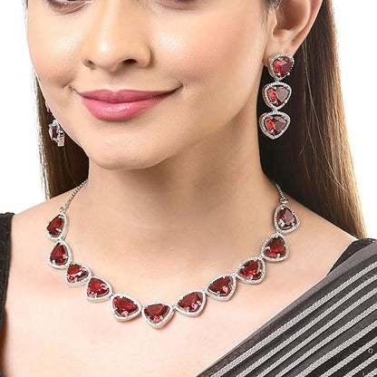 Silver Toned Triangular Shaped American Diamond Studded Jewellery Set For Women and Girl (Red) - Rajputtrade