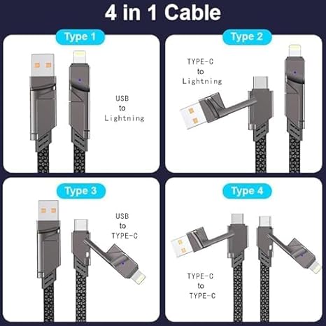 Data Cable Pro 4 in 1 Metal Flat Braided Indestructible Cable 1.5m 60W  with light-ning to type C, type C to C, type A
