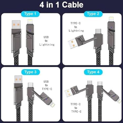 Data Cable Pro 4 in 1 Metal Flat Braided Indestructible Cable 1.5m 60W  with light-ning to type C, type C to C, type A
