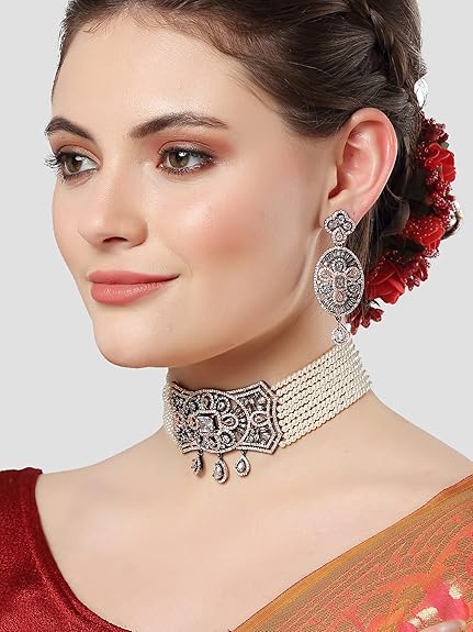 Light Green Crystal Beaded American Diamond Choker Necklace Set For Women - Rajputtrade
