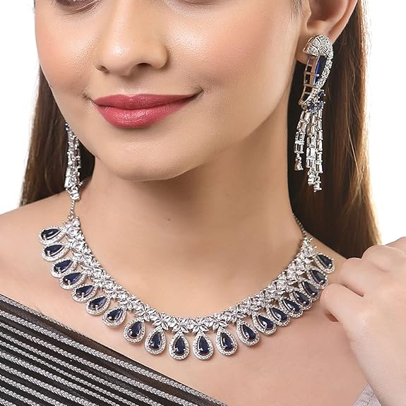 Plated Silver Toned White, Necklace With Earring Jewellery Set For Woment and Girl - Rajputtrade