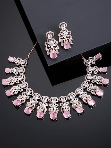 Pink American Diamond Studed Choker Necklace Set (Pink) - Rajputtrade
