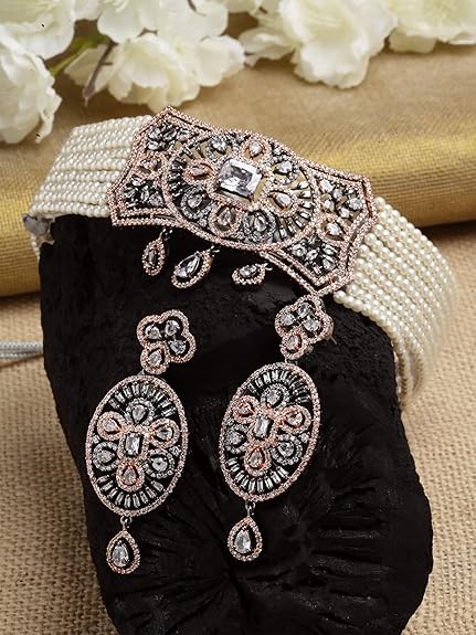 Light Green Crystal Beaded American Diamond Choker Necklace Set For Women - Rajputtrade