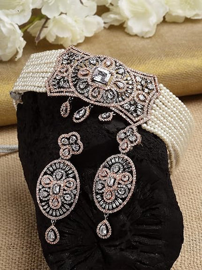 Light Green Crystal Beaded American Diamond Choker Necklace Set For Women - Rajputtrade