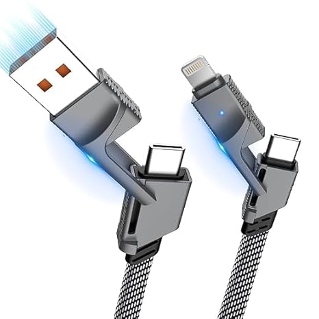 Data Cable Pro 4 in 1 Metal Flat Braided Indestructible Cable 1.5m 60W  with light-ning to type C, type C to C, type A