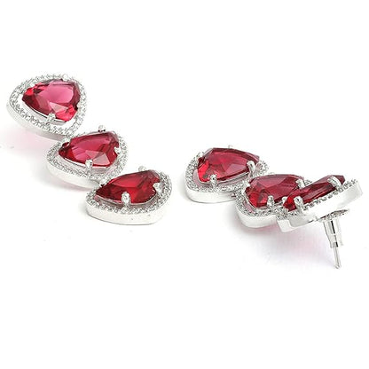 Silver Toned Triangular Shaped American Diamond Studded Jewellery Set For Women and Girl (Red) - Rajputtrade