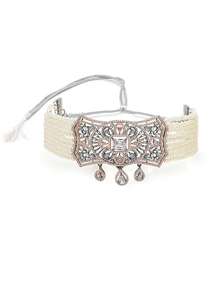 Light Green Crystal Beaded American Diamond Choker Necklace Set For Women - Rajputtrade