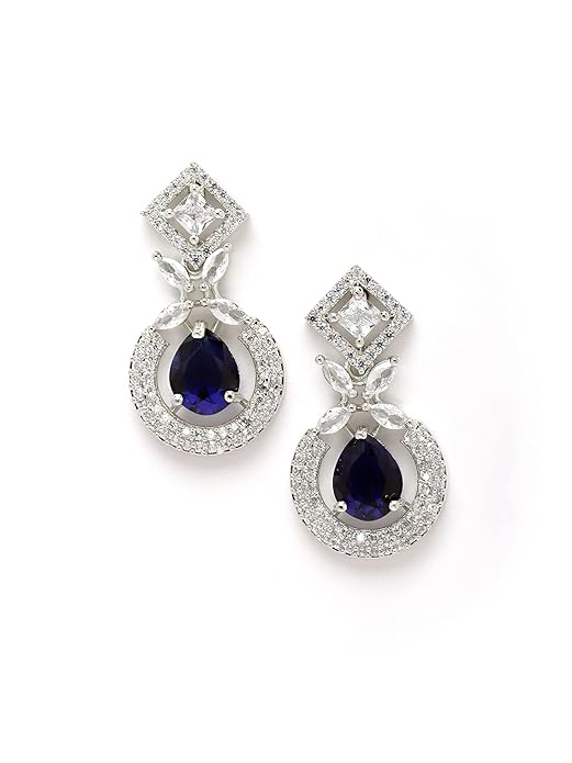 Silver Tone Blue American Diamond Studded Necklace Set for Women (Blue) - Rajputtrade