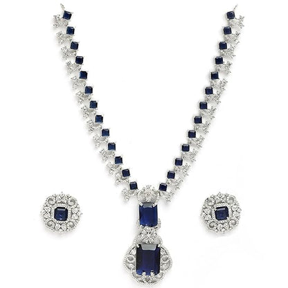 Rhodium Plated Silver Toned Brass Royale Celebrity Inspired, Cystal Jewellery Set For Women & Girls (Blue) - Rajputtrade