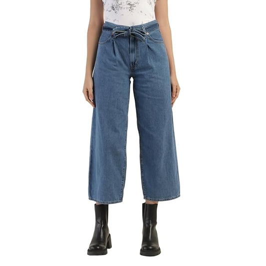 Women's Mid Rise Belted Baggy Loose Straight Fit Jeans, Blue (Size 34) - Rajputtrade