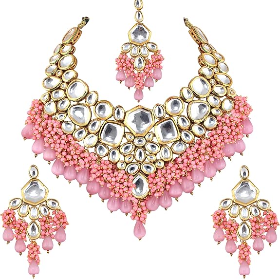 Jewellery 18K Gold Plated Pink Color Kundan Stone, Monalisa Drop Bridal Set for Girls & Women - Rajputtrade