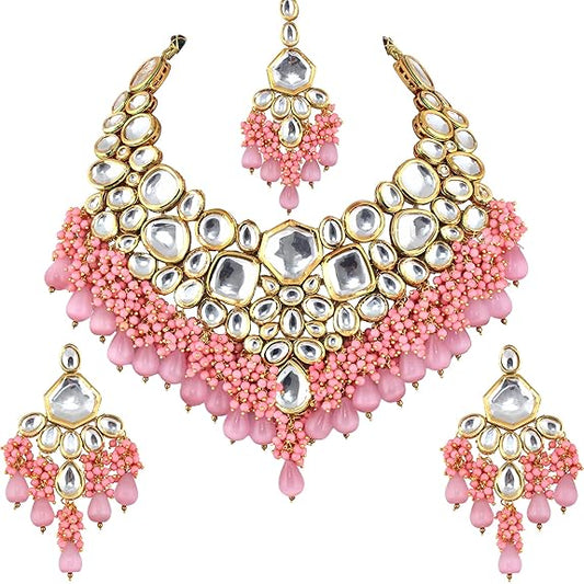 Jewellery 18K Gold Plated Pink Color Kundan Stone, Monalisa Drop Bridal Set for Girls & Women - Rajputtrade