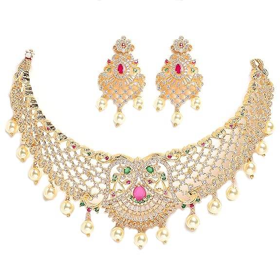 Gold Plated White & Red American Diamond Studded With Drop Pearl Beaded Jewellery Set For Women & Girl - Rajputtrade