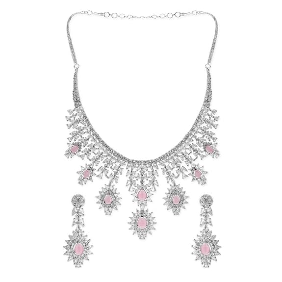 Womens Silver Plated Handcrafted Pink AD Stone Studded Necklace and Earring Set - Rajputtrade
