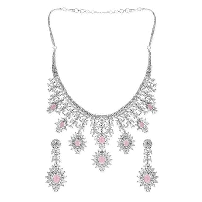 Womens Silver Plated Handcrafted Pink AD Stone Studded Necklace and Earring Set - Rajputtrade