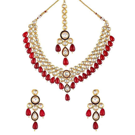 Kundan Elegance Round Cut Gems Beaded Maang Tika Set For Women - Rajputtrade