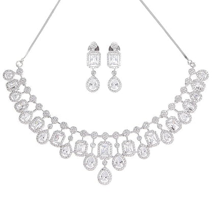 Silver Toned American Diamond Studded Jewellery Set for Women (Silver) - Rajputtrade