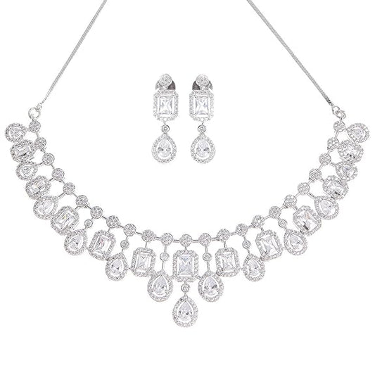 Silver Toned American Diamond Studded Jewellery Set for Women (Silver) - Rajputtrade