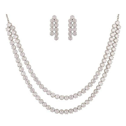 Cubic Zirconia Dual Strand Necklace Jewellery Set With Dangler Earrrings For Women/Girls (White) - Rajputtrade