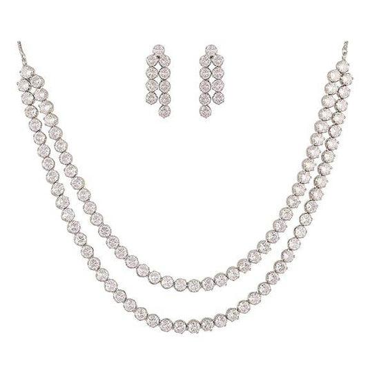 Cubic Zirconia Dual Strand Necklace Jewellery Set With Dangler Earrrings For Women/Girls (White) - Rajputtrade