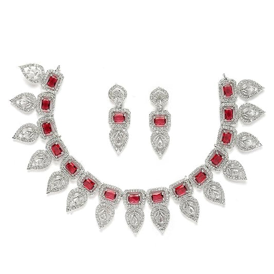 Jewellery Set Leaf Style AD/ Rose Gold Plated Handcrafted Circle Necklace Set for Women & Girls (Red) - Rajputtrade