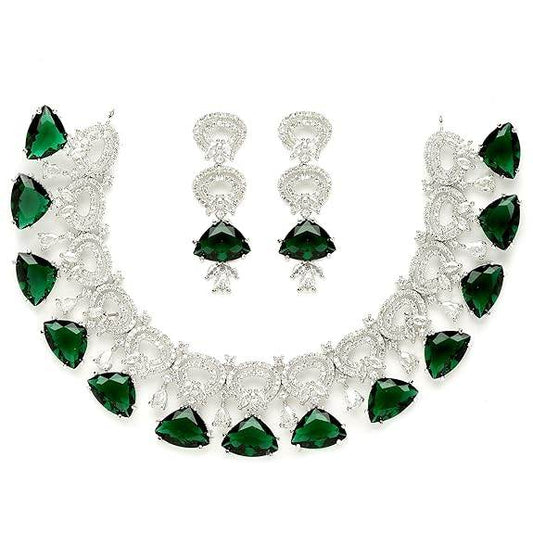 Choker Necklace And Drop Earrings Jewellery Set For Women (Green) - Rajputtrade