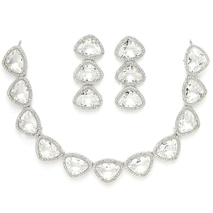Silver Toned Triangular Shaped American Diamond Studded Jewellery Set For Women and Girl (White) - Rajputtrade